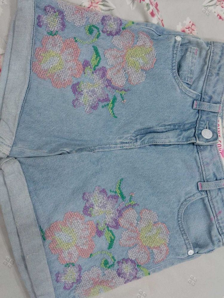 Embroidered Denim Shorts