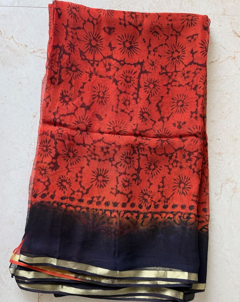 Rust Orange Block Print Georgette saree