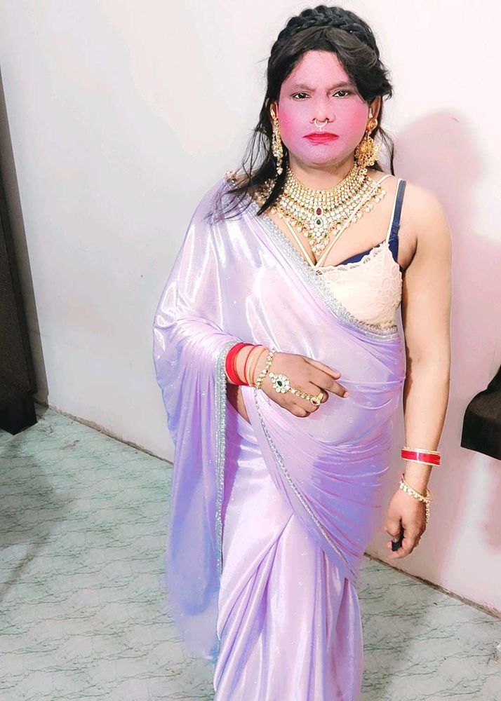 Lilac Satin Saree with Embellished Border