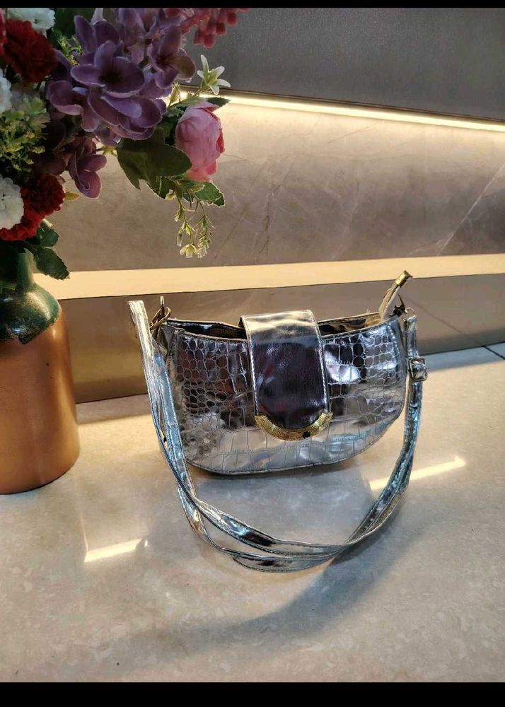 Sparkling Silver Croc Embossed Hobo Bag