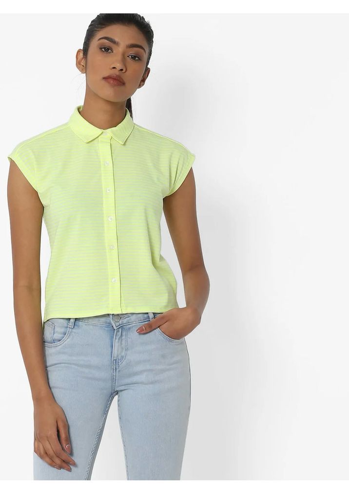 Women's Lime Striped Collared Top