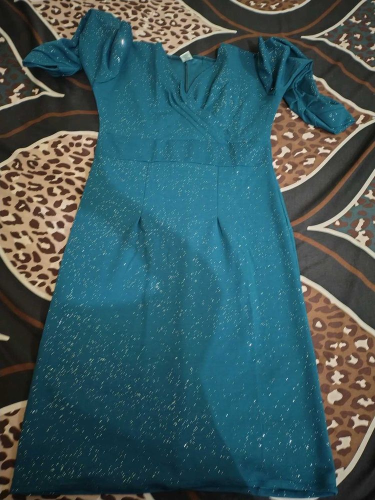 Teal Sparkle V-Neck Dress