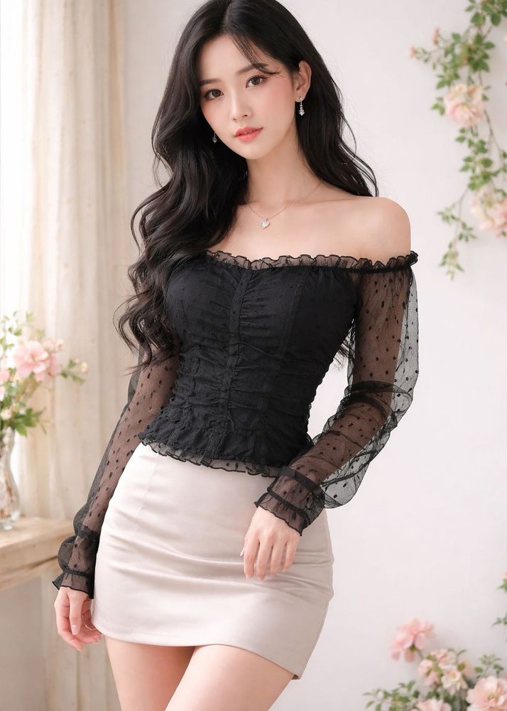 Off-Shoulder Ruffled Black Mesh Top