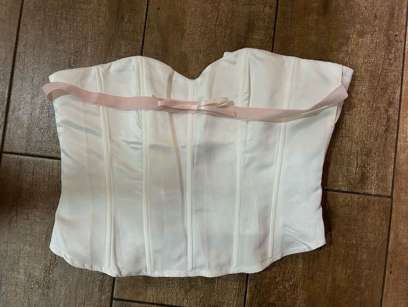Imported White Corset Top with Pink Ribbon Bow