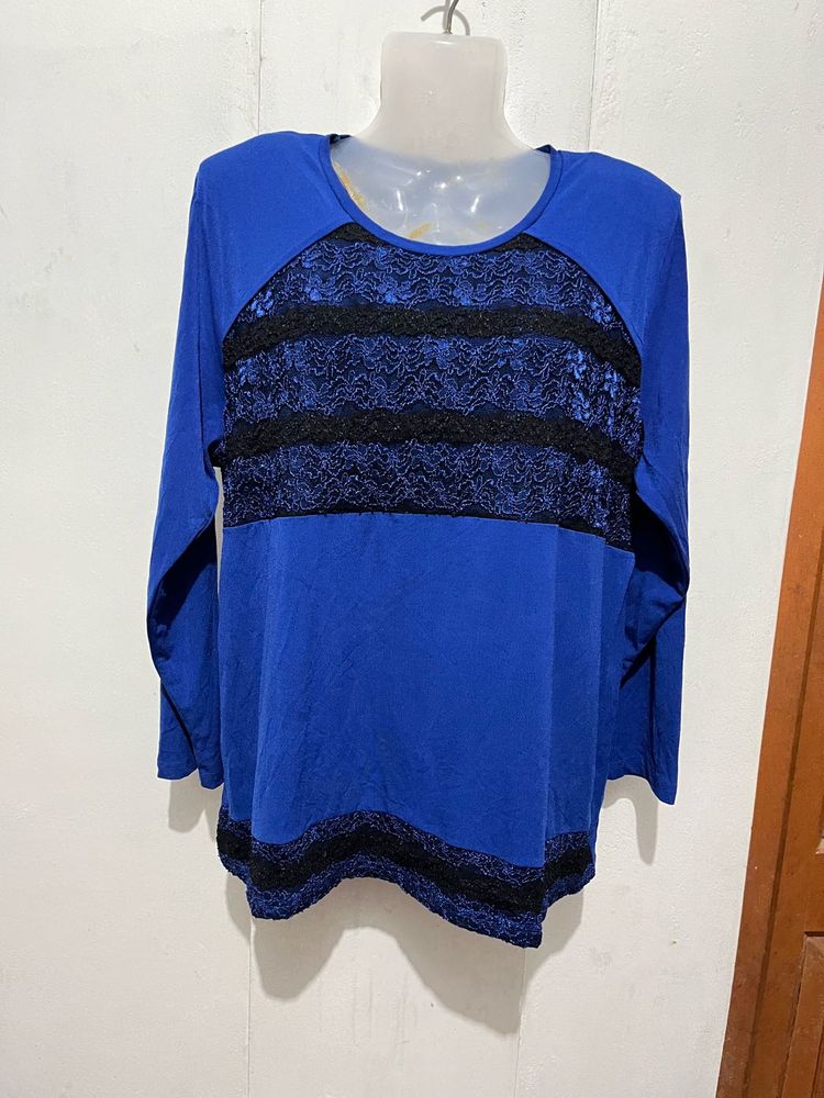 Blue Lace Detail Long Sleeve Top