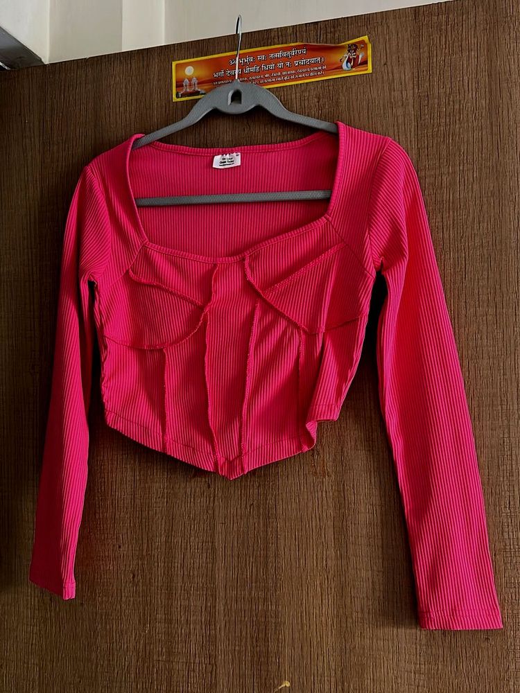 Ribbed Corset Detail Long Sleeve Top