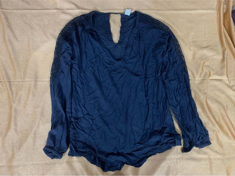 Navy Blue Embellished Long Sleeve Top