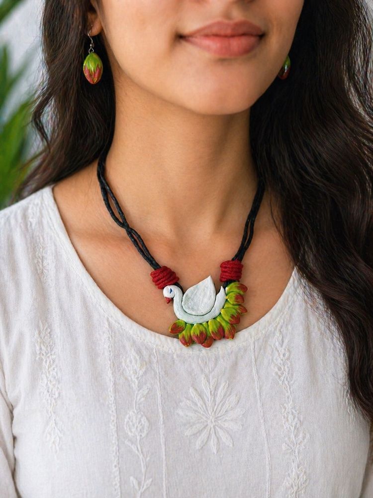 Handmade Terracotta Swan Necklace &amp; Earrings Set
