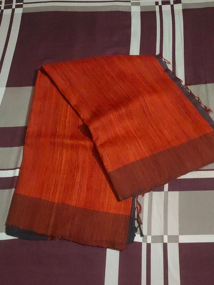 Vibrant Orange Ghicha Tassar Silk Saree