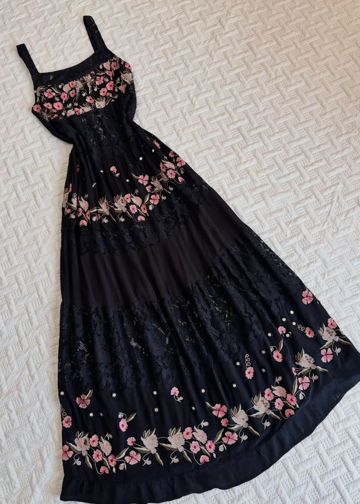 Floral Embroidered Lace insert Black Maxi Dress
