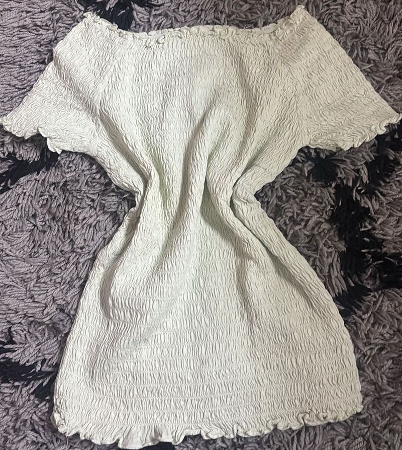H&amp;M Light Green Smocked Off-Shoulder Top