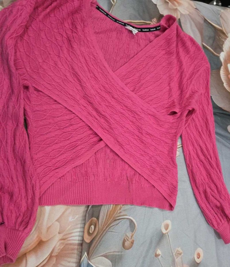 Chic Pink Cropped Wrap Sweater