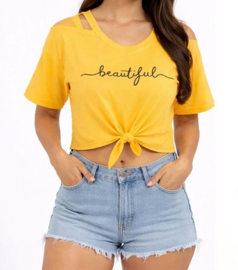 Yellow "Beautiful" Tie-Front Crop Top