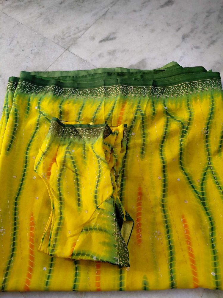 Vibrant Yellow Bandhani Saree with Blouse