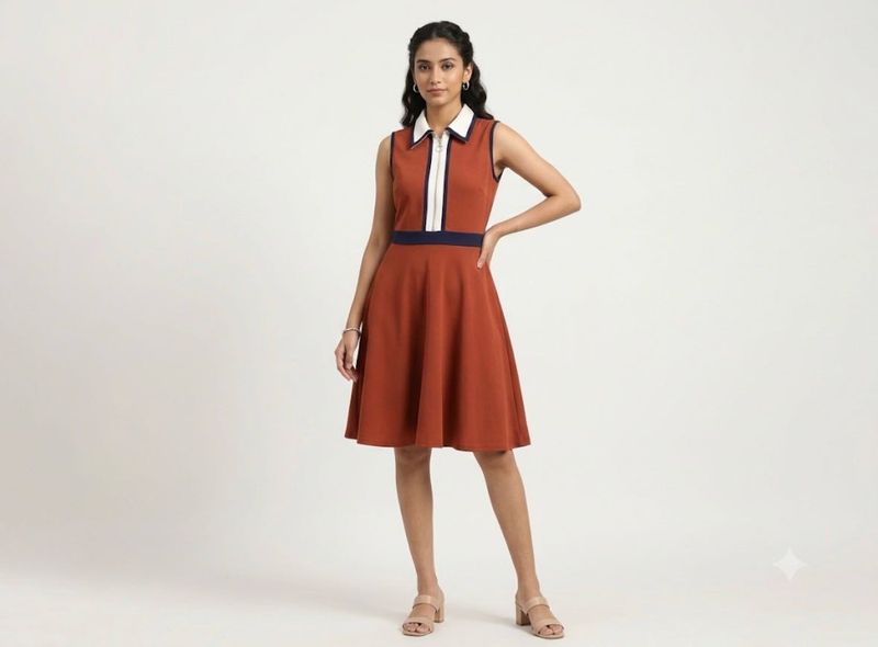 Retro Charm Rust Orange &amp; Navy Collared Skater Dre