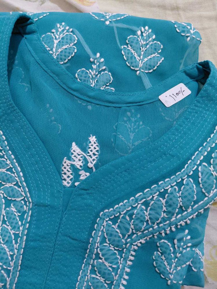 Teal / Turquoise All-Over Floral Chikankari Kurta