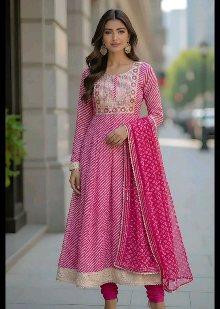 Pink Striped Kurta Set with Dupatta