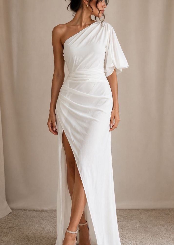 Elegant White One-Shoulder Gown with Slit