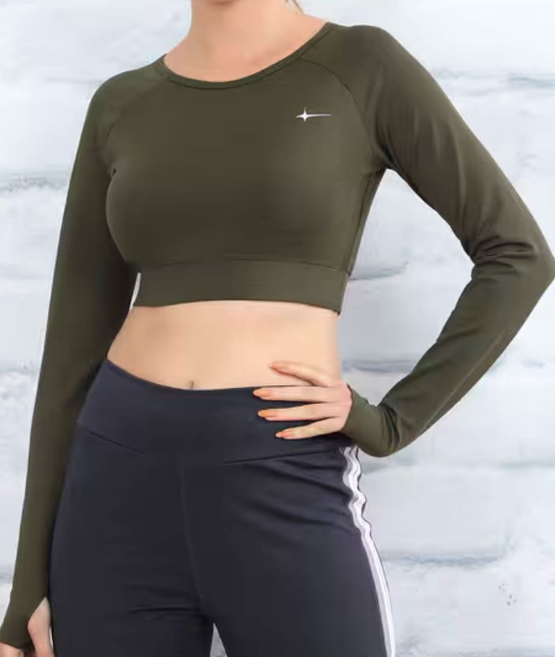 Green Cropped Long Sleeve Top