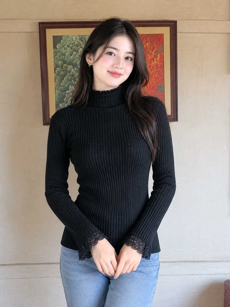 Black Ribbed Turtleneck with Lace Trim