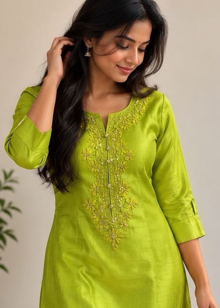 Embroidered Lime Green Silk Kurta
