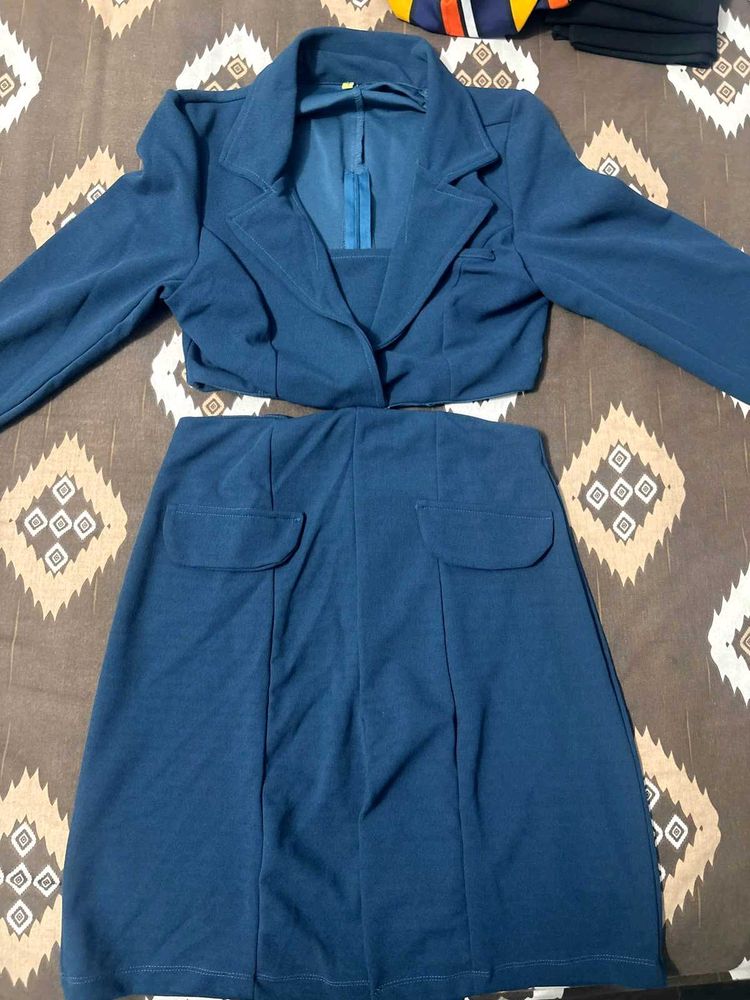 Chic Blue Blazer &amp; Skirt Set