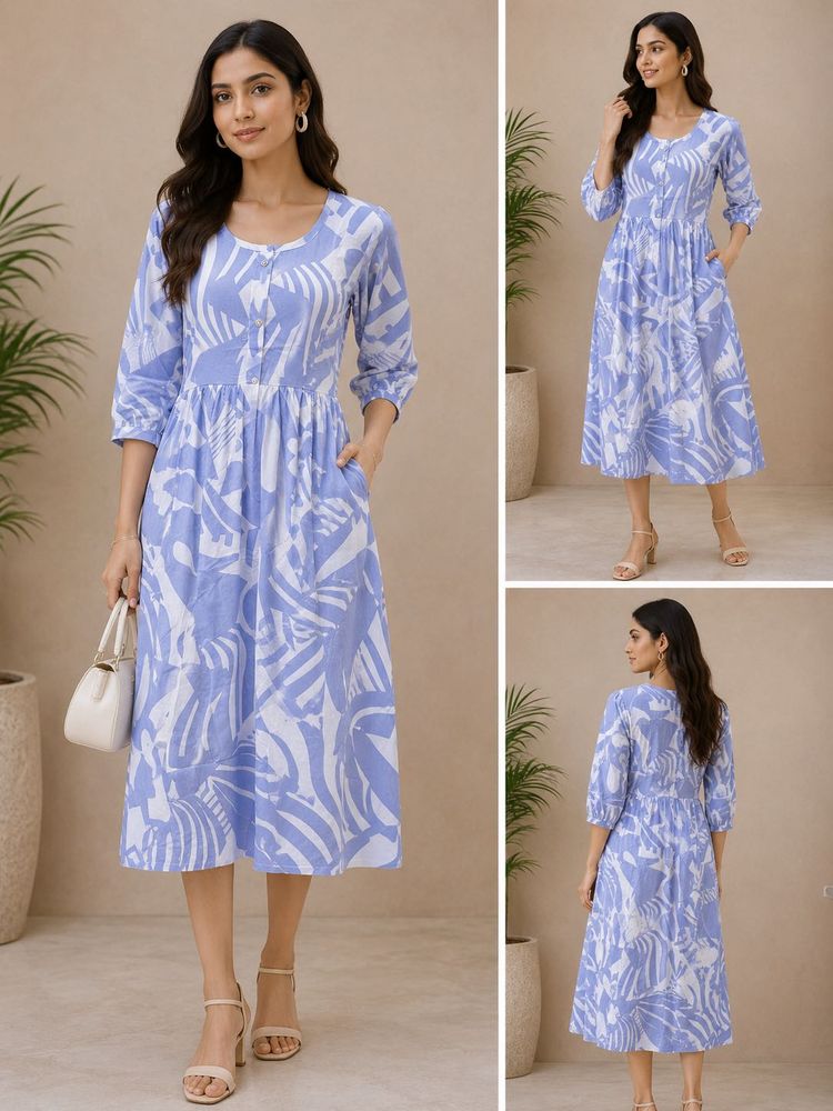 Blue &amp; White Floral Print Midi Dress