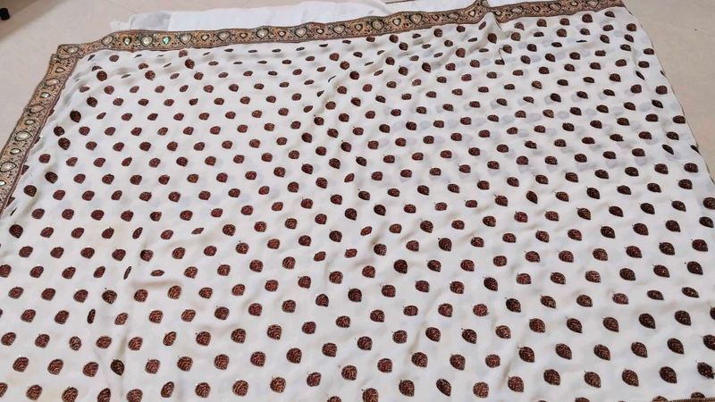 Elegant White Saree with Brown Motifs