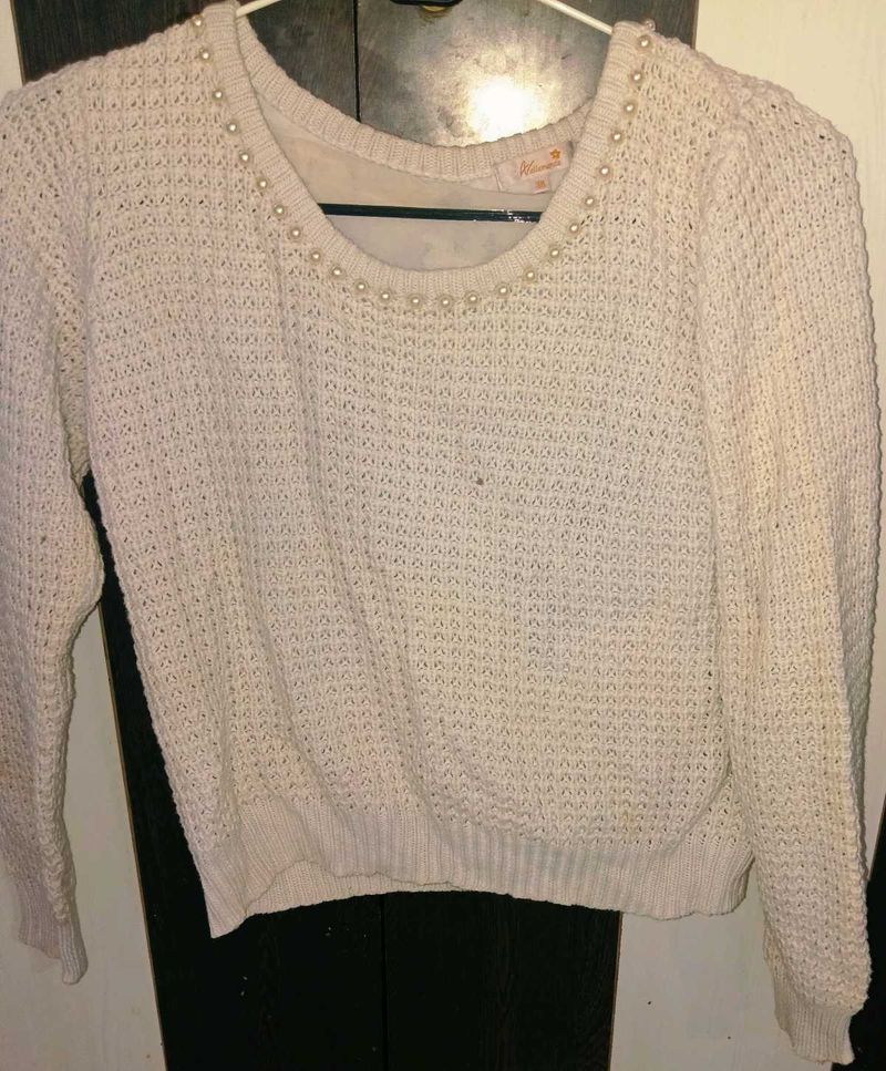 Cream Pearl Embellished Knit Sweater