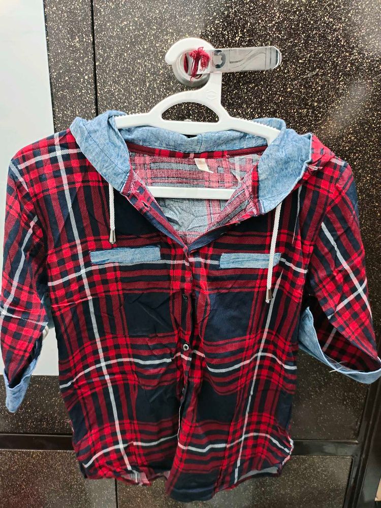 Red Plaid Hooded Shirt