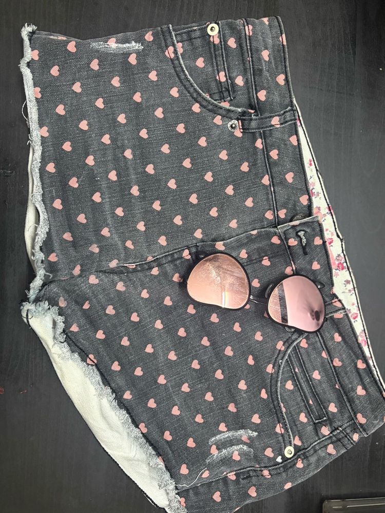 Cute Heart Print Denim Shorts