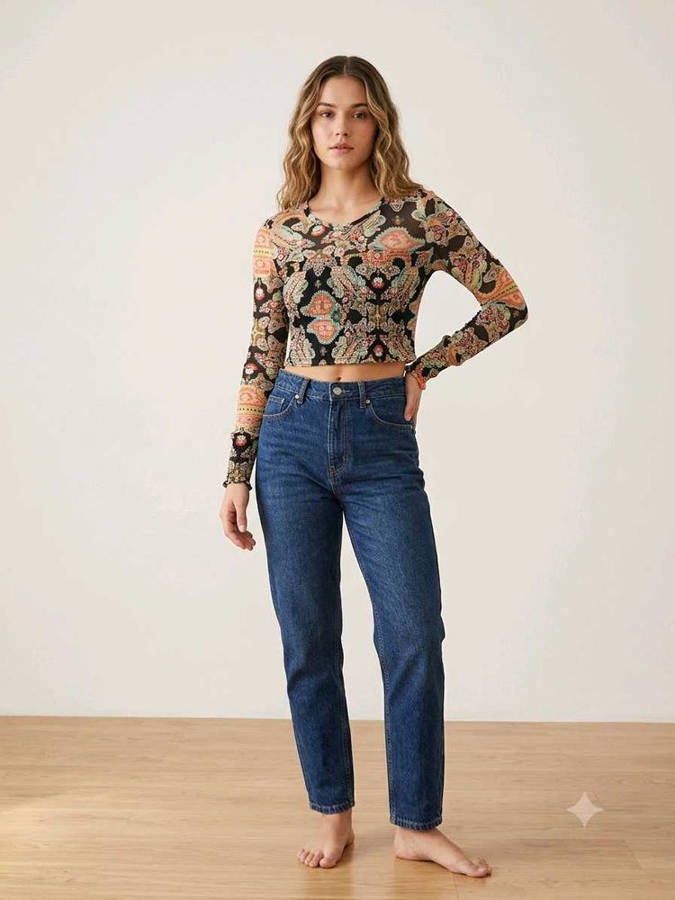 Sheer Paisley Print Long Sleeve Top