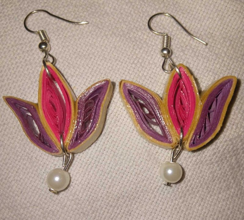Quilled Flower Pearl Dangle Earrings