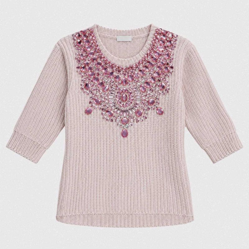 Beige Embellished Knit Sweater