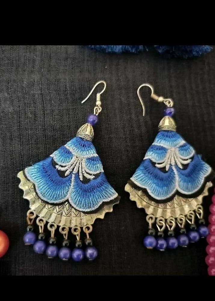 Blue Embroidered Tassel Earrings