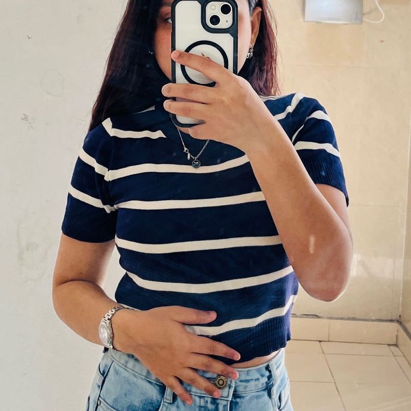 Striped Blue &amp; White Knit Top