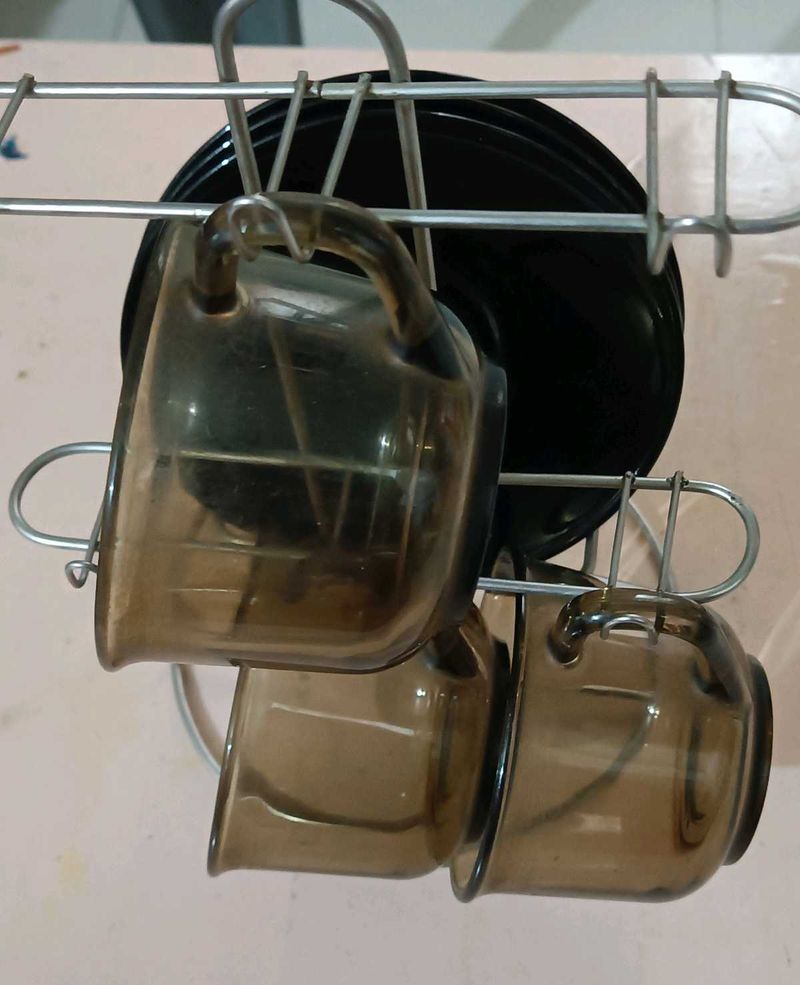 Set of 3 Smoked Glass Cups &amp; Saucers with stand