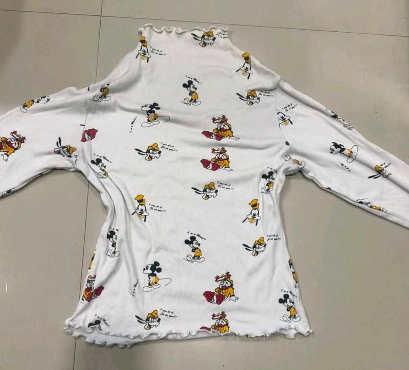 Cute Mickey Mouse print Long Sleeve White Top