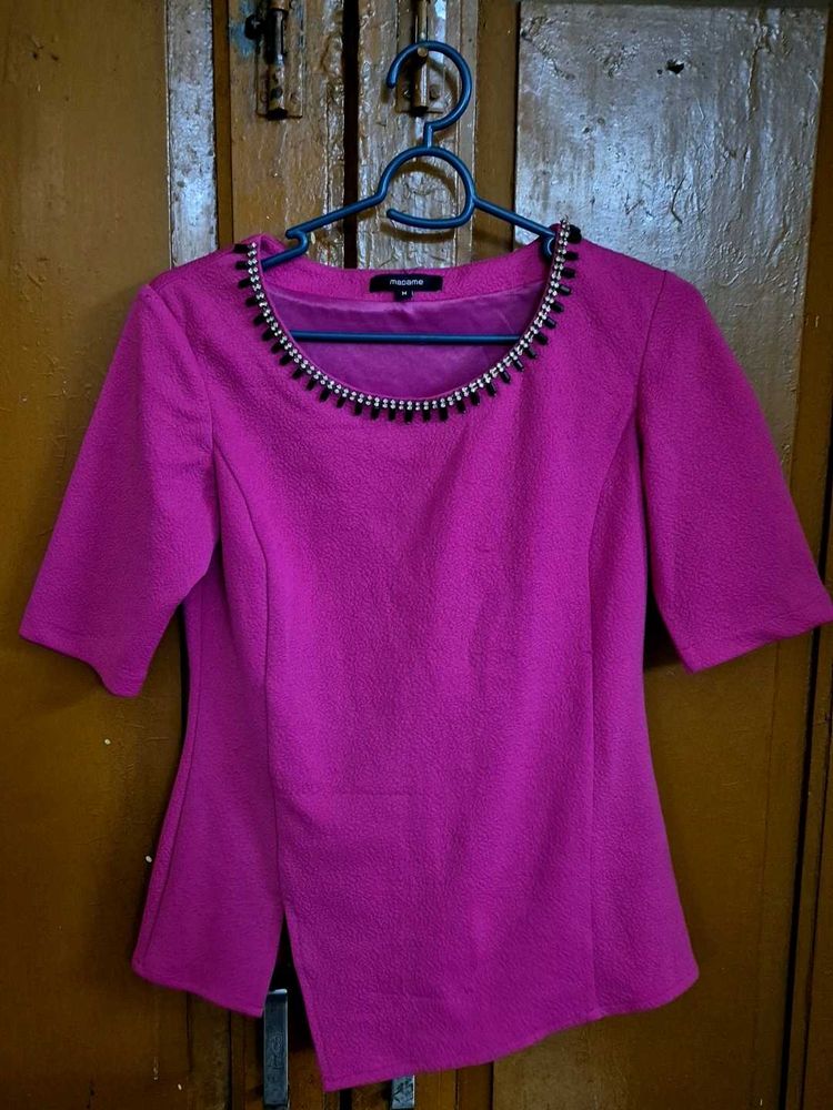 Chic Fuchsia Top with Embellished Neckline