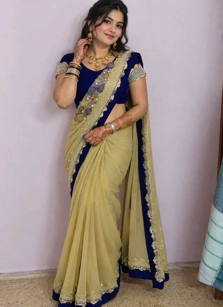 Elegant Beige Saree with Blue Border