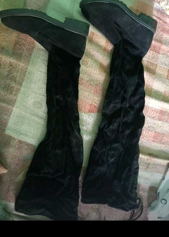 Black Thigh-High Velvet Boots
