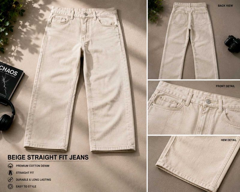 straight fit beige jeans for men