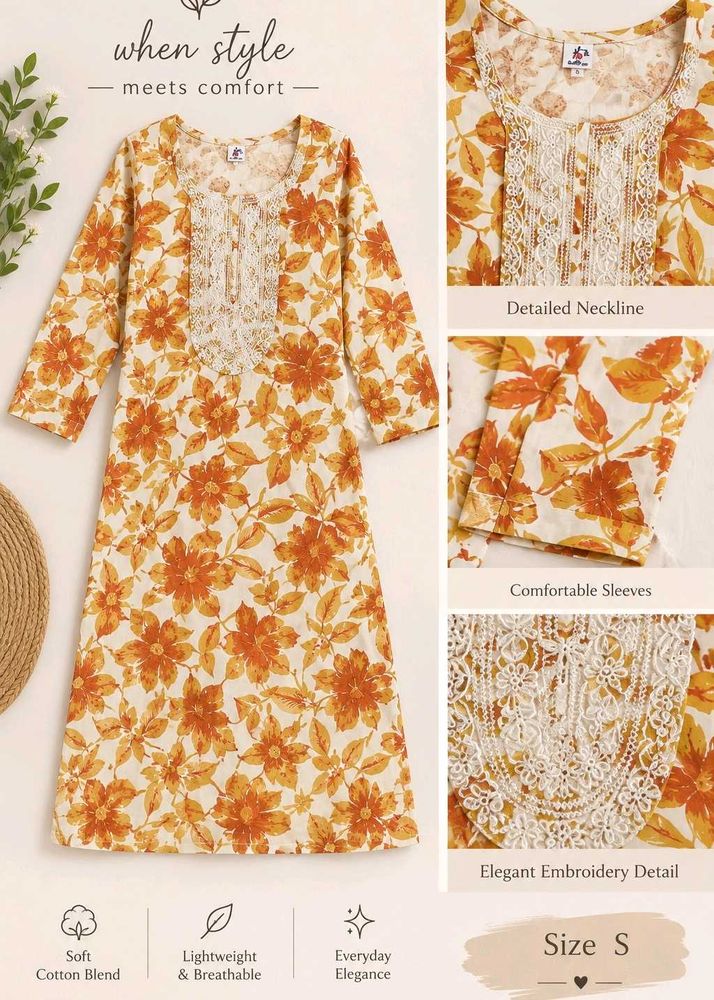 Floral Print Cotton Kurta with Elegant Embroidery