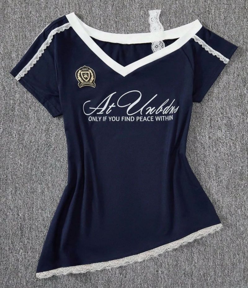 Navy Blue V-Neck Lace Trim Tee (S)