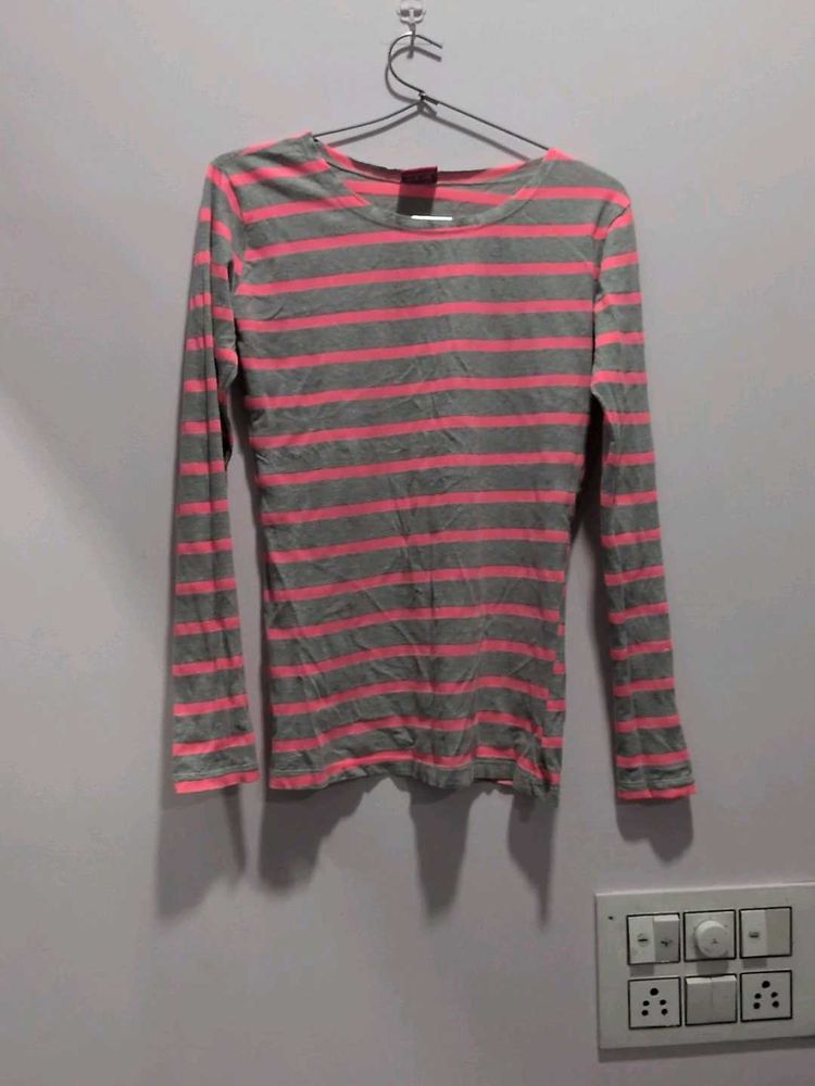pink and grey Striped Long Sleeve Top