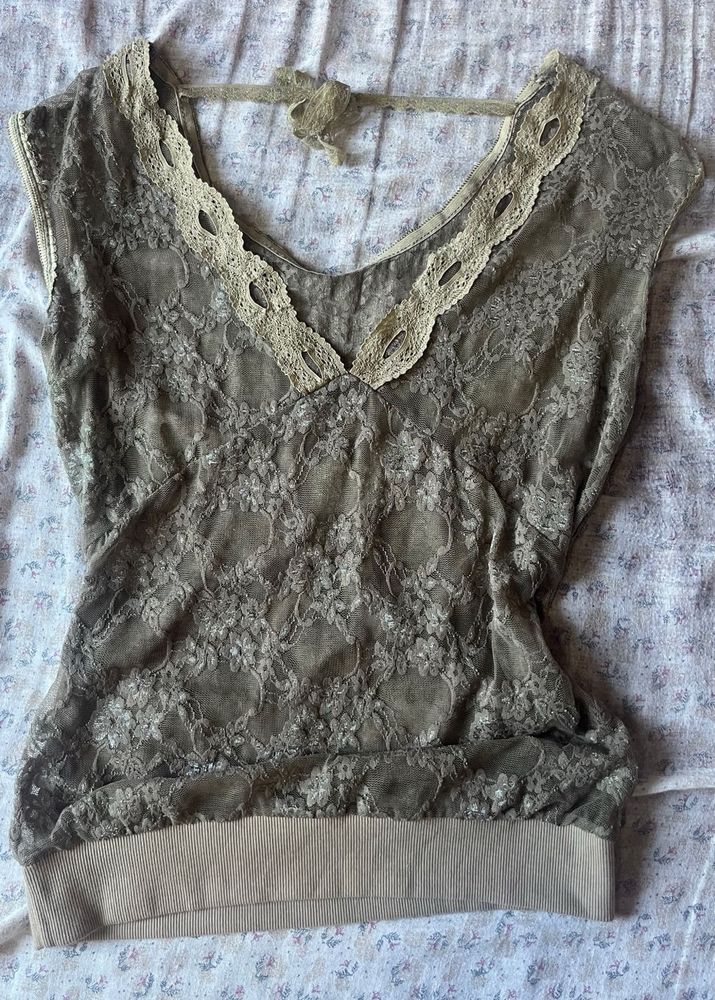 Sheer Lace Top with Cream Trim
