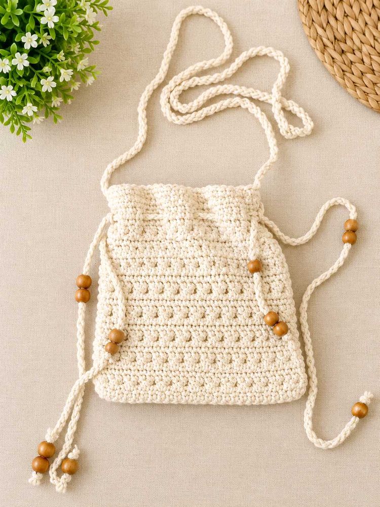 Cream Crochet Crossbody Bag with Beads