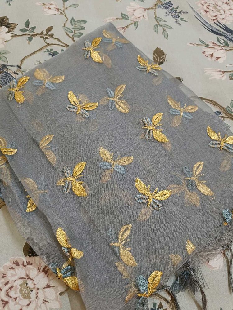 Grey Embroidered Dupatta with Butterfly Motifs