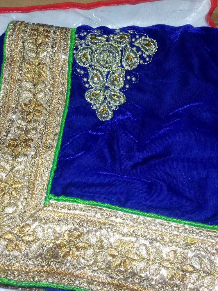 Royal Blue Embroidered Velvet Saree