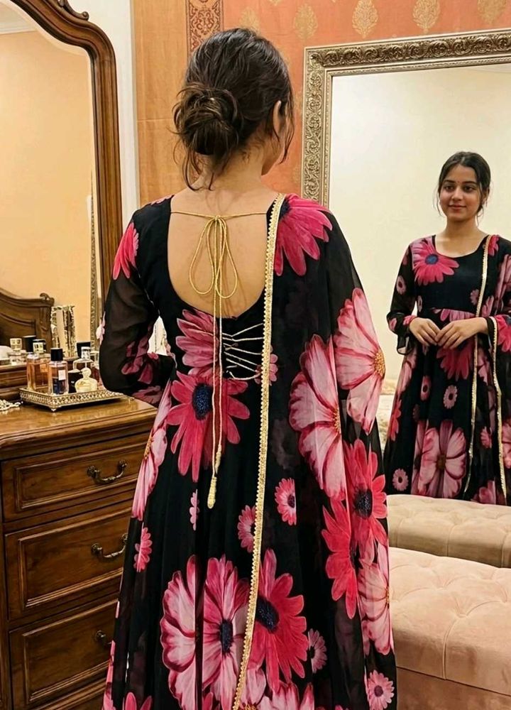 anarkali suit with dupatta , black and pink colour